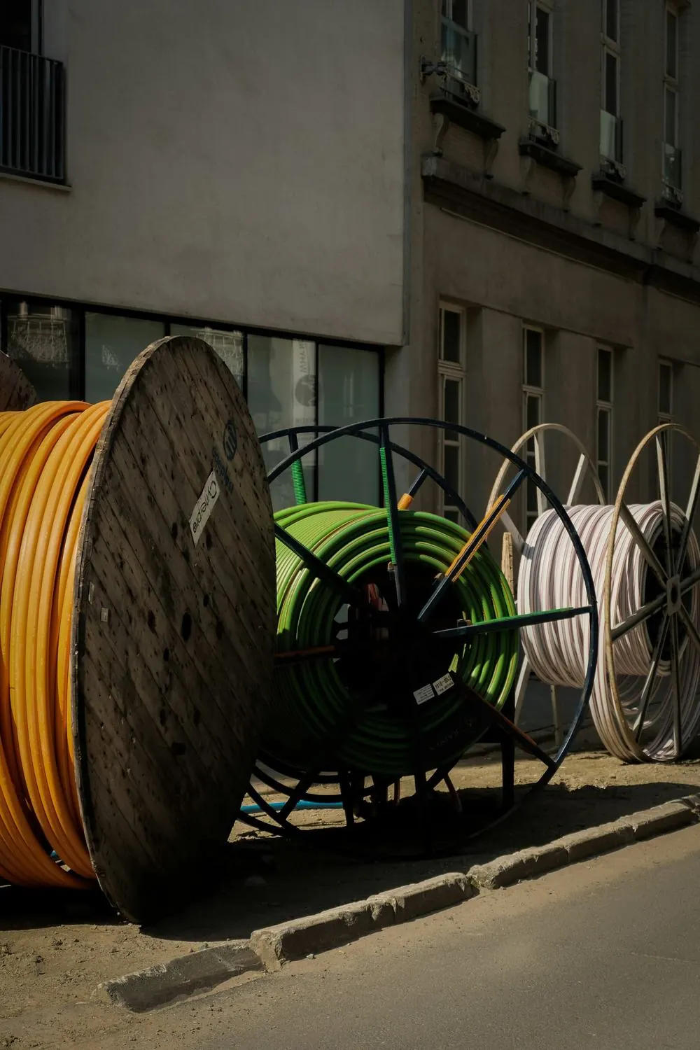Reels of conduit on site